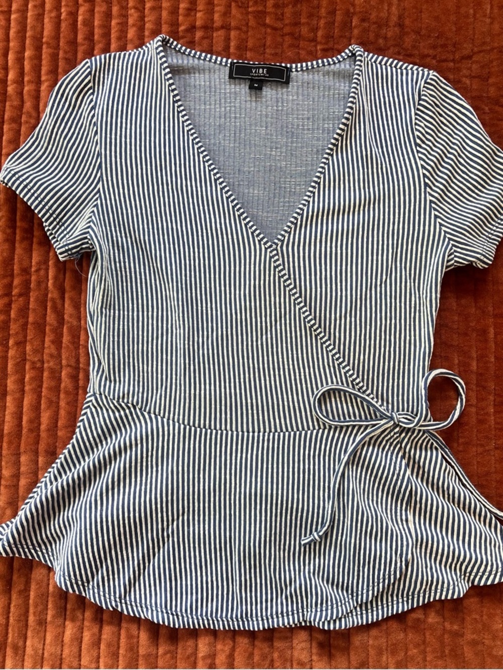 Vibe Navy and White Striped Wrap Peplum Blouse